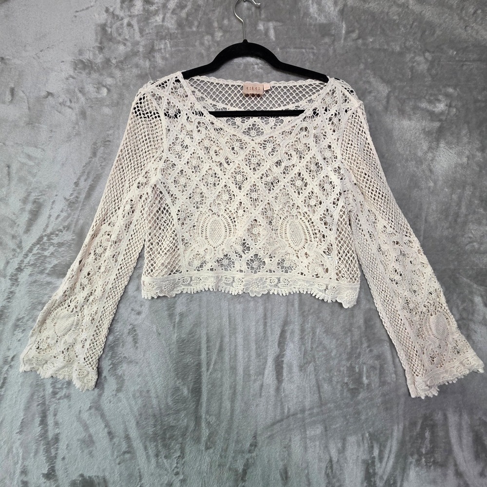 Good Luck Gem GLG Crochet Lace Crop Top Cream Ivory Cotton Boho Bell Sleeve L